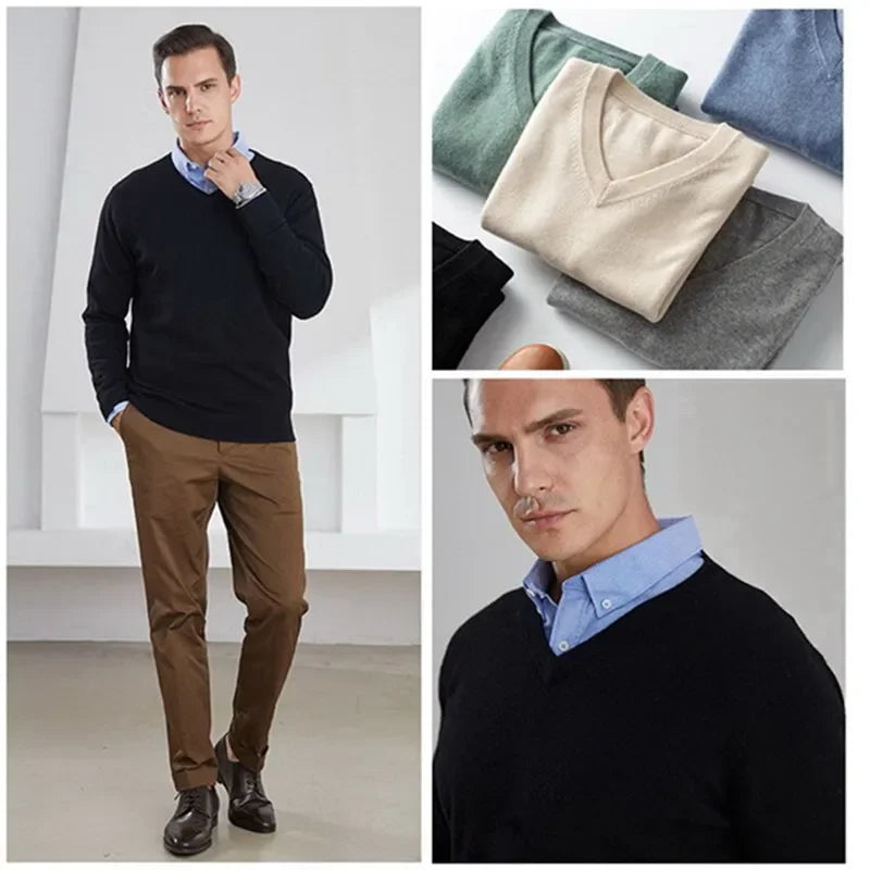 Soft Cashmere Sweater Men's Clothing Autumn Winter Pullover Business Casual Bottom V-neck Knitted Woolen Slim Fit Knitwear Male