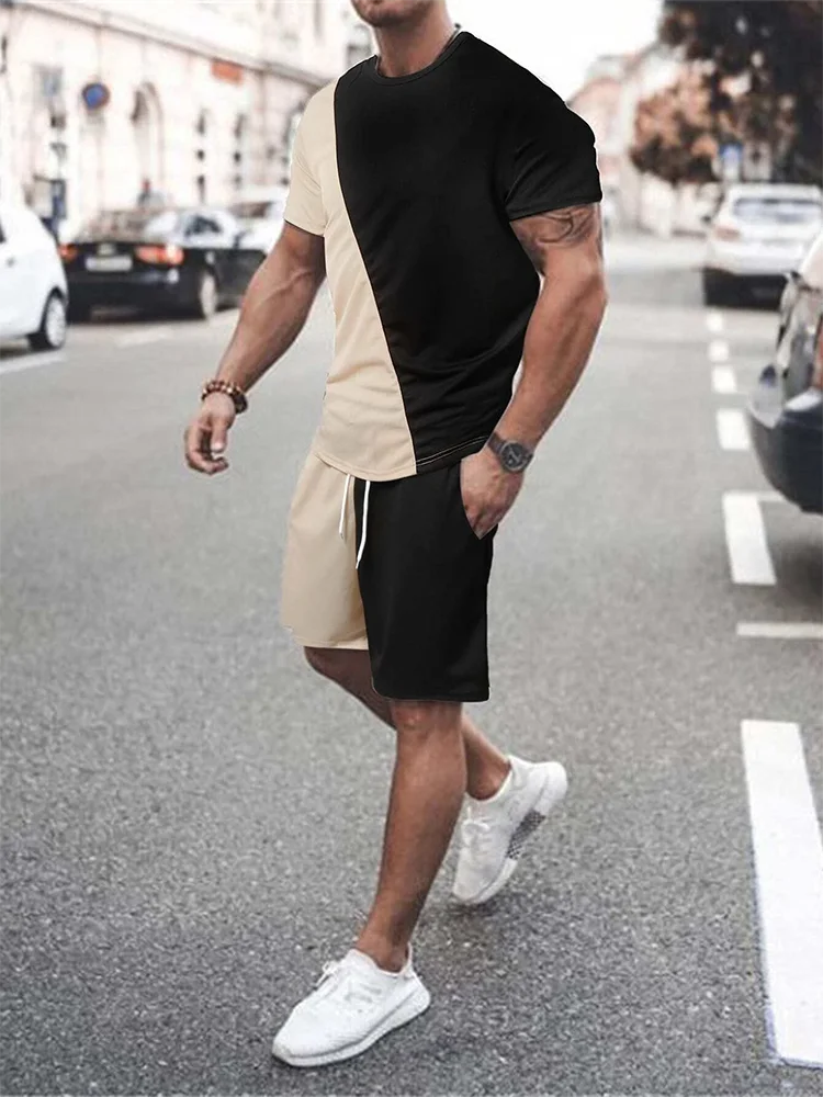 2025 Mens Summer Casual Suit Textured Printed Mixed Color Short Sleeve Outdoor Street Fashion Shorts Two Piece Pocket Loose Suit
