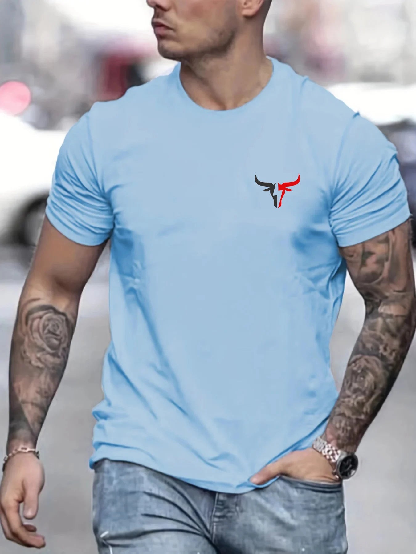 Summer Men's 100% Cotton Casual Loose Size Bull Print Round Neck Short Sleeve T-shirt Top men's street clothing button up pullov