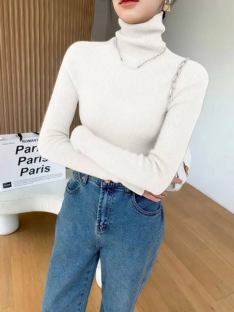 2025 Korean Style Turtleneck Long Sleeve Pullover Fashion Soft Warm Basic Sweater Women's Autumn Winter Slim Solid Knitwear Tops