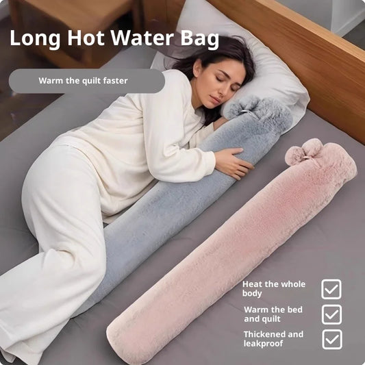 2000ML Extra Long Hot Water Bottle 76x10cm Soft Plush Removable Cover for Waist Back Hand Foot Warmth Pain Relief Winter Use