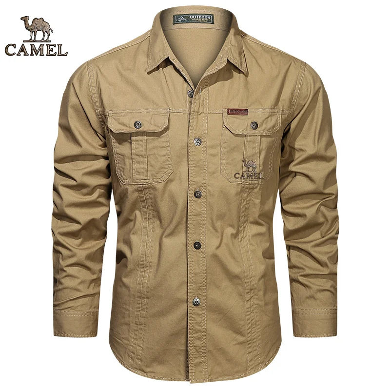 2024 Camel Authentic Emblem Spring and Autumn Season New Shirts for Men's Long sleeved Pure Cotton Casual Solid Color Shirts for