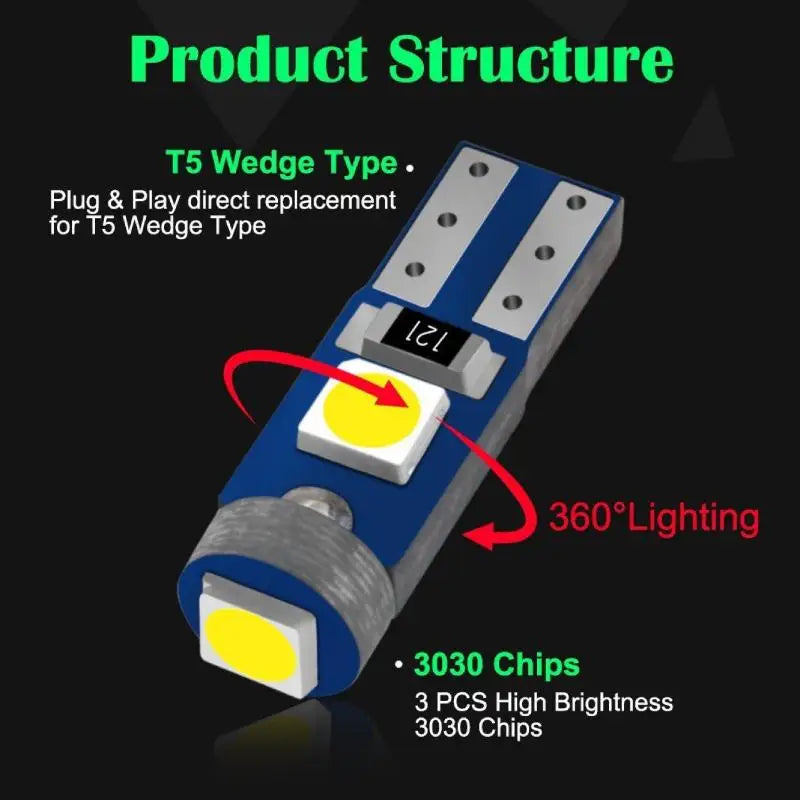 10Pcs T5 3030 3SMD LED Bulb Car Interior Light High Bright Dashboard Warming Indicator Wedge Auto Instrument Lamps